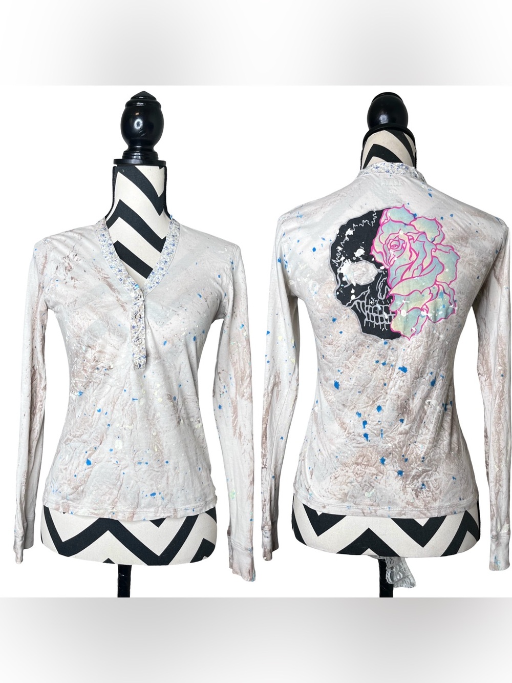 Grail Y2K Fairy Grunge Distressed Paint Splatter Skull Graphic Long-Sleeve Tee M